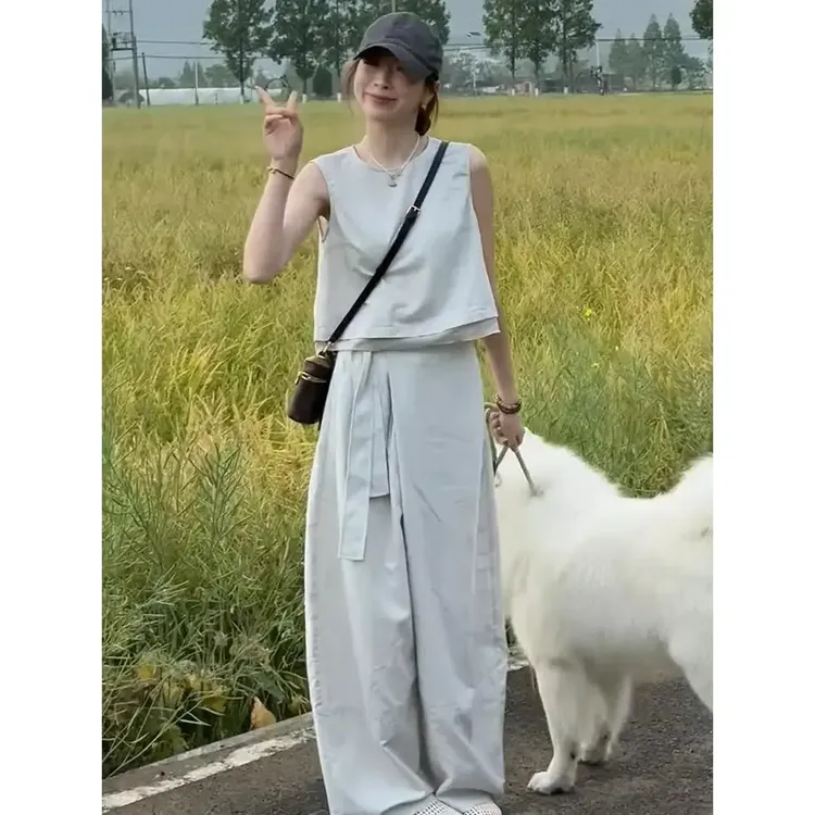 韩系甜酷时尚套装女夏季小个子反转大气无袖上衣系带直筒裤两件套