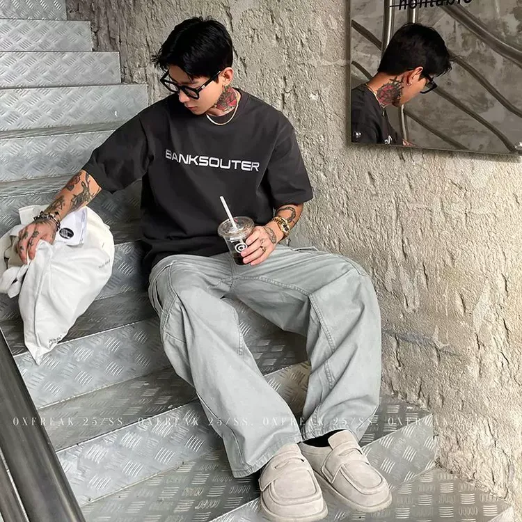 OXFREAK 「水洗做旧 英文标语」纯棉重磅短袖t恤男夏季宽松五分袖