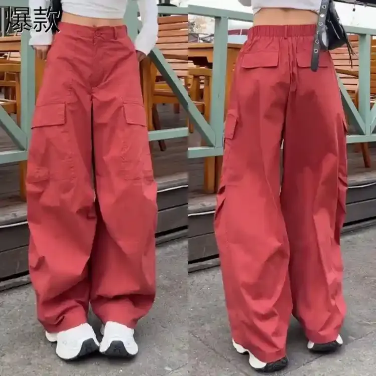 夏季新款高腰显瘦阔腿裤洋气大码宽松街头简约红色百搭时尚工装裤
