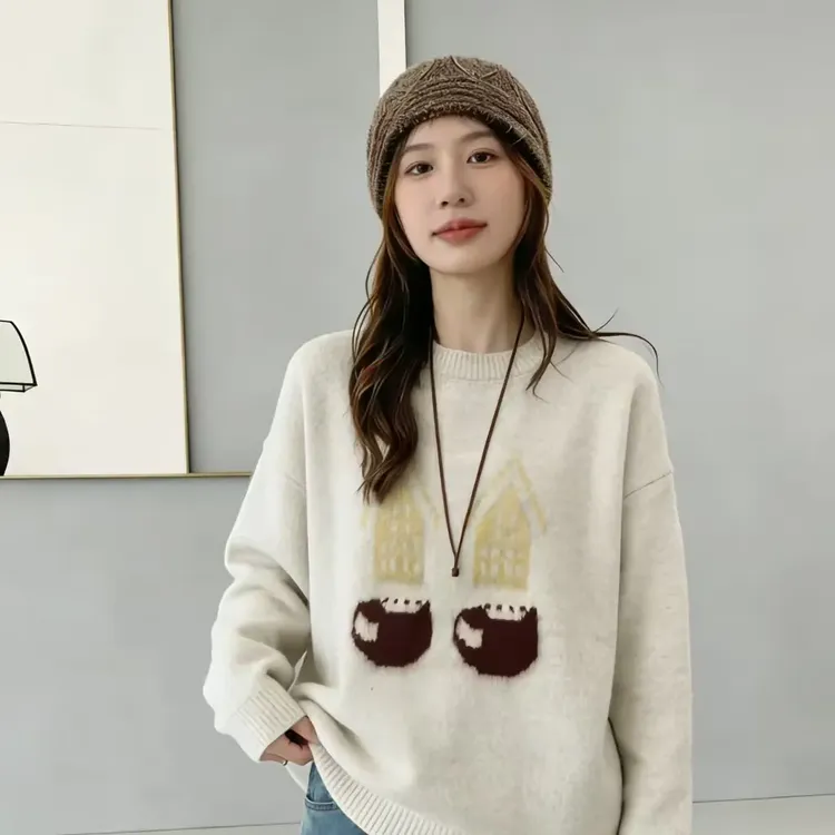 卡通甜美彩色毛衣女秋冬新款韩系软糯外穿百搭舒适针织长袖上衣