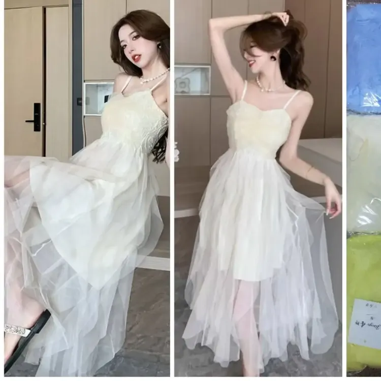 法式温柔小白裙网纱仙女裙气质绝美性感抹胸收腰吊带连衣裙女夏季