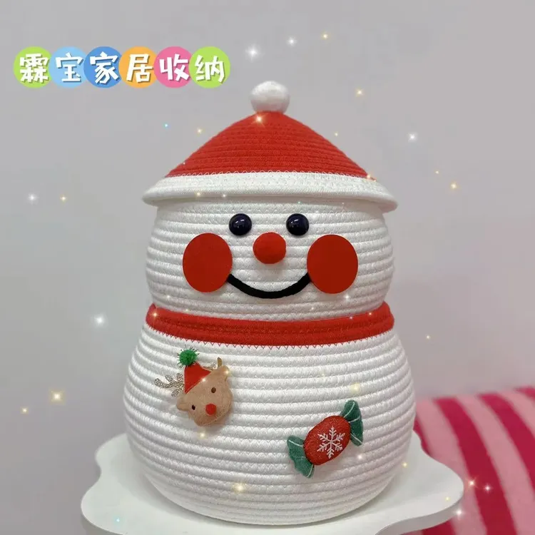 新年款红帽子双层大雪人手工编织高颜值卡通创意桌面收纳筐呆萌雪