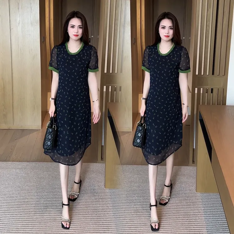 气质小个子印花夏天连衣裙女2025新款大码女装遮肉显瘦中长款裙子