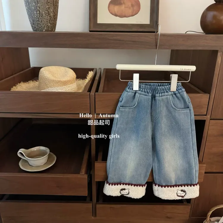 2025新款冬季韩系女宝宝加绒kt卷边毛毛直筒洋气牛仔裤