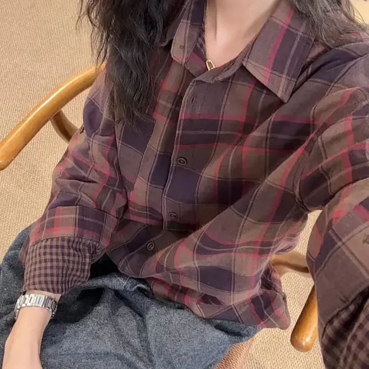 1363-长袖常规翻领休闲风格子衬衫小众春秋显瘦百搭