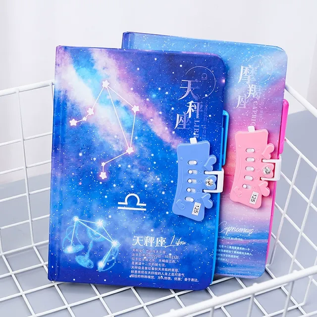 十二星座a5笔记本本子文艺精美密码本小学生男女孩彩页带锁日记本