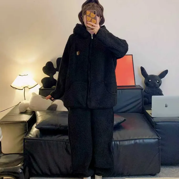 加厚款（羊羔绒）冬季情侣男女连帽睡衣拉链套装珊瑚绒保暖家居服