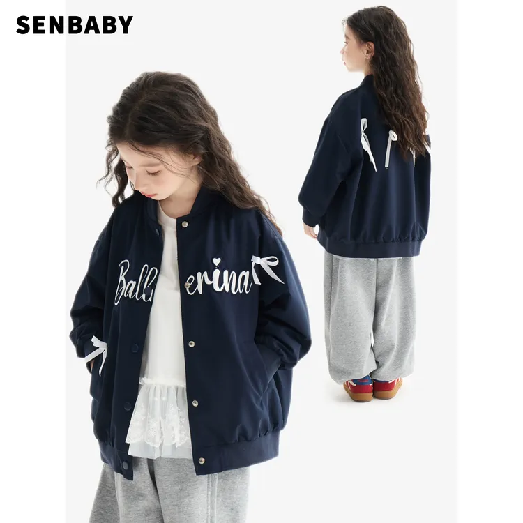 【现货】senbaby女童春装外套韩版藏青外套内搭蕾丝拼边T恤两件套