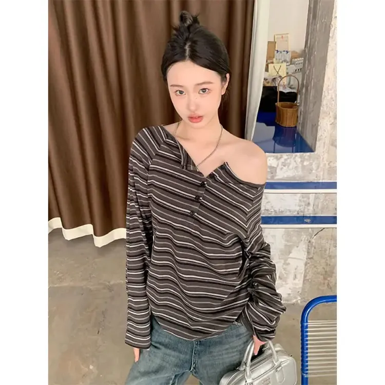 M-4XL大码复古条纹露肩长袖女早秋新款微胖大码胖MMT恤宽松上衣