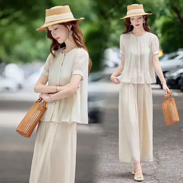 休闲时尚气质套装女2025年夏季新款松弛感洋气百搭阔腿裤两件套