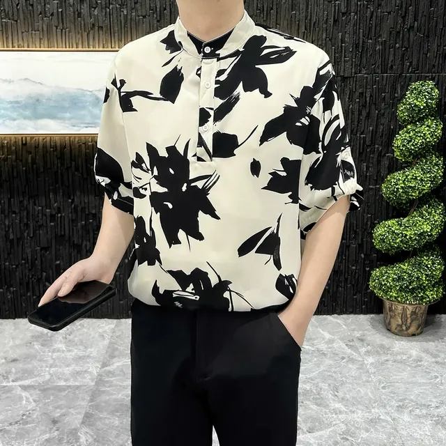 新中式短袖衬衫男设计感水墨大花半截袖男士夏季休闲中袖衬衣潮牌