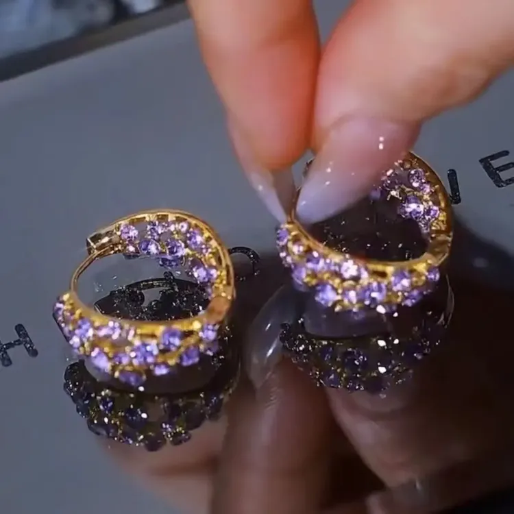 合金耳饰 紫色闪钻圈圈耳环气质轻奢时尚百搭复古小众彩色素款商品图