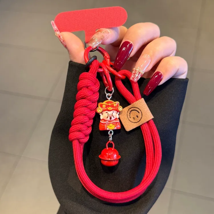新款红可爱手机挂绳短款财神爷挂手腕夹片式编织手提防丢手机链