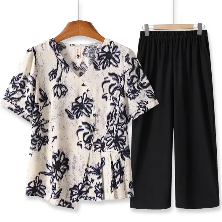 2025新款洋气中老年女装时尚两件套洋气妈妈夏季上衣服套装