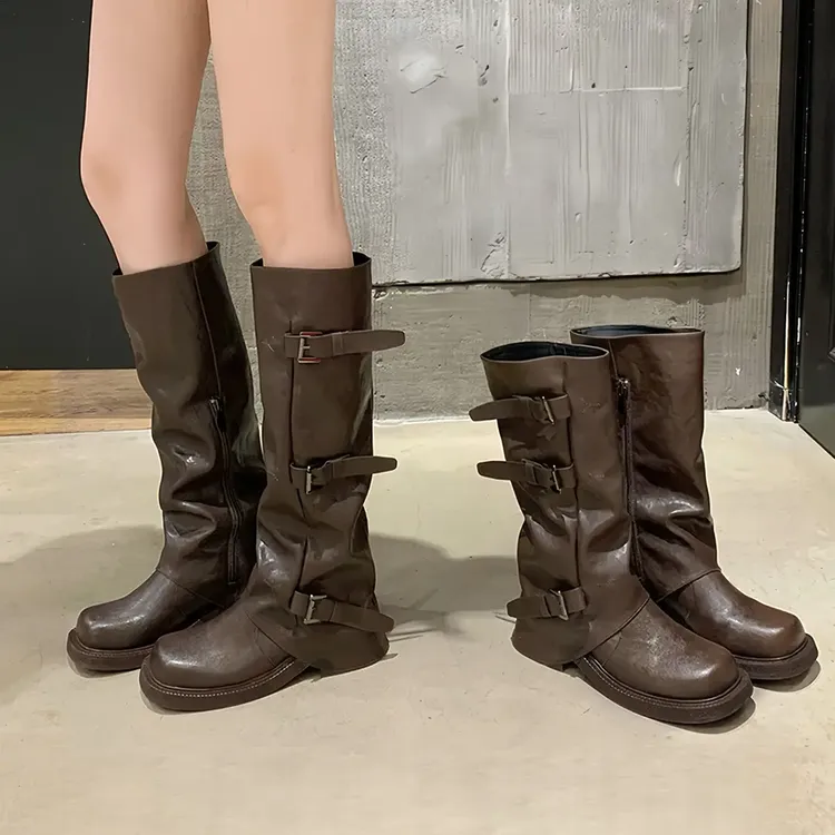 牛皮版～增高6cm皮带扣褶皱堆堆靴女2025秋冬季新款中高筒骑士靴子