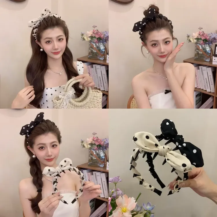 新款波点！波点硬控蝴蝶结超立褶皱波点兔子耳朵齿梳发箍正反戴
