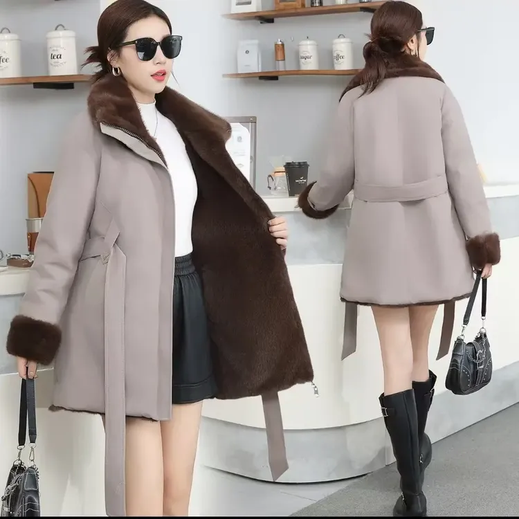 秋冬防风中长款毛呢外套保暖时尚女士加厚毛领复古翻领双面穿