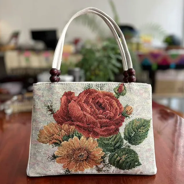 新款民族风双拉木珠手提包沙发布包百搭休闲包双面金丝绣花小布包