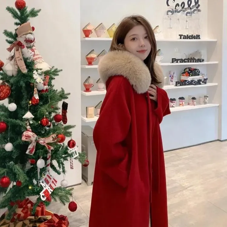 红色双面大衣女2024冬季新款大毛领连帽中长版毛呢外套