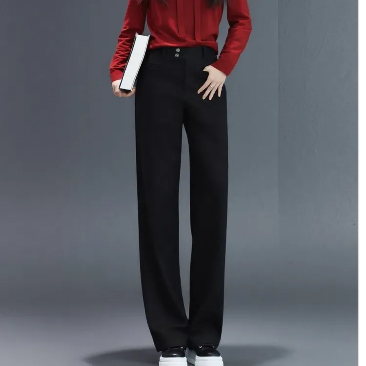 GIRDEAR/哥弟新款高腰金属工字扣肌理感显瘦磨毛直筒休闲裤110019