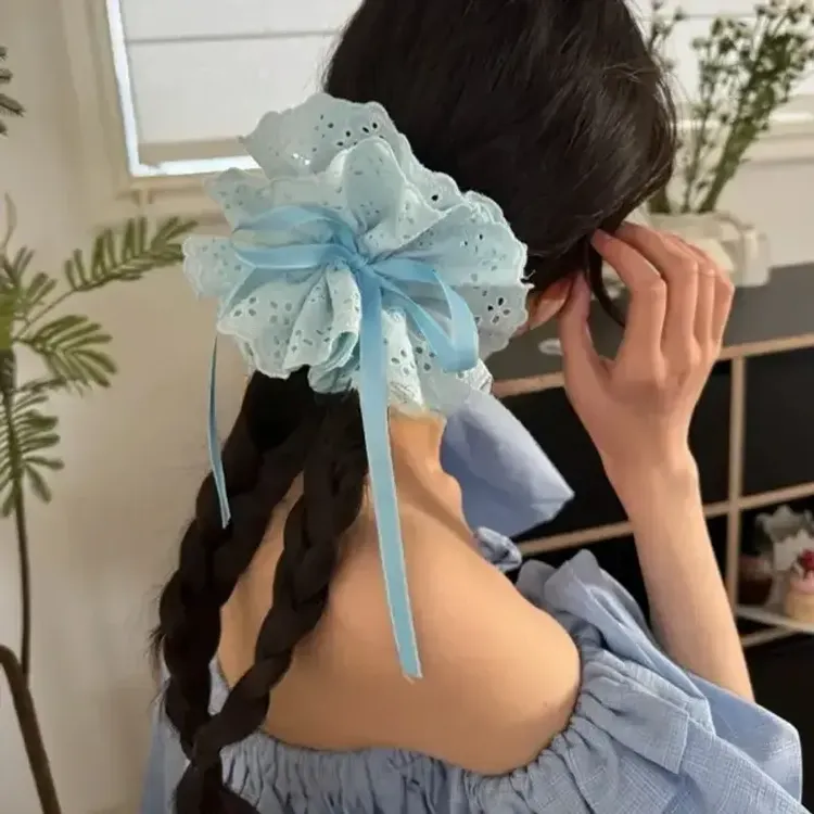 蓝色高颜值蕾丝蝴蝶结头花大肠发圈皮筋洋气新款可爱高级感发饰商品图