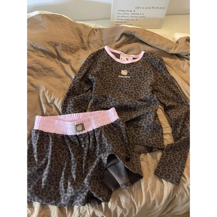 【DMXJ大梦想家】甜酷豹纹辣妹长袖短裤睡衣女春秋新款家居服两件套