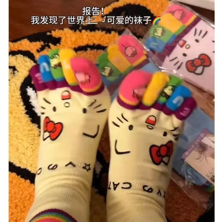 韩版凯蒂猫五指女士袜女纯色棉质袜中筒防臭脚趾学生可爱脚指袜子