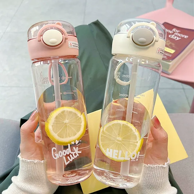 简约水杯男女生高颜值便携带吸管刻度塑料杯学生夏季运动随手杯子