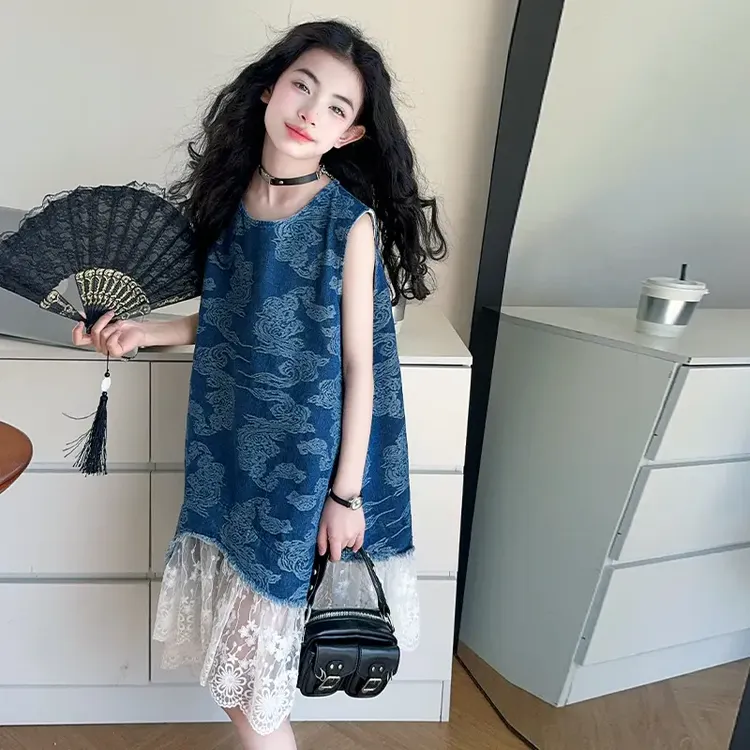 女童国潮风无袖牛仔裙2025夏季新款中大童儿童新中式背心连衣裙潮