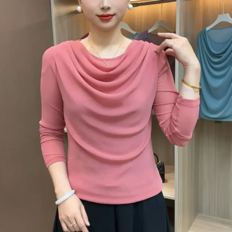 秋季新款长袖堆堆领打底衫百搭女上衣高弹力网纱显瘦遮肉款妈妈装