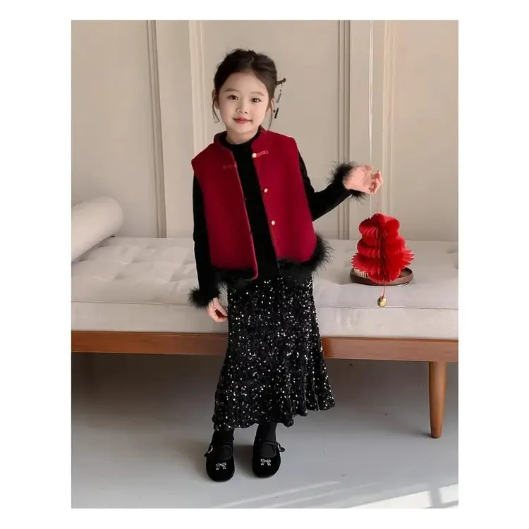 新中式冬季新款女童时尚红色套装加绒保暖三件套拜年