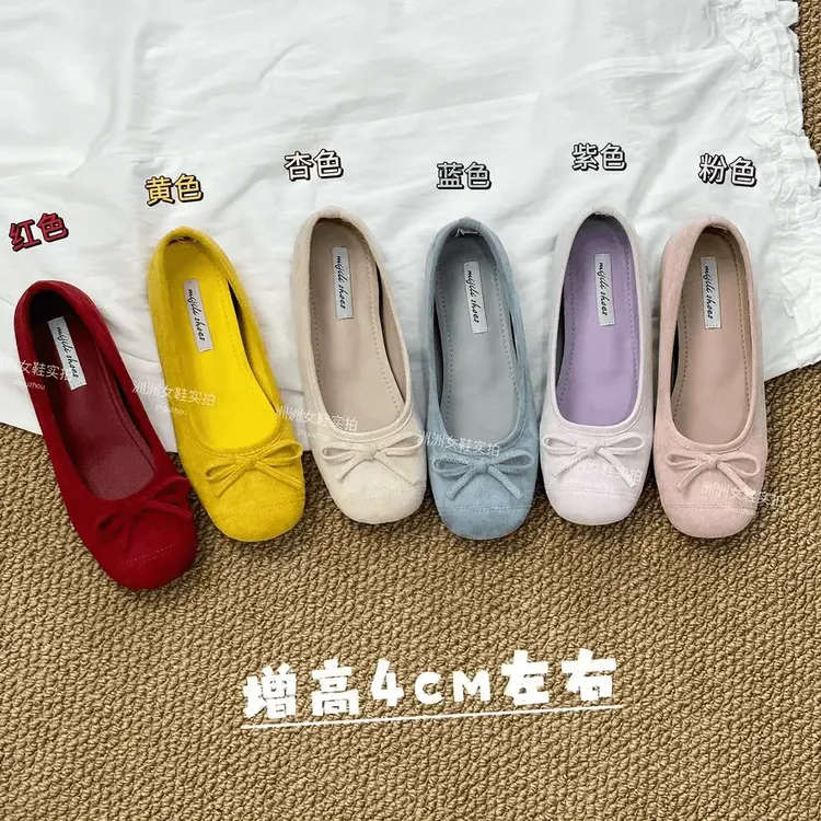 内增高~2025早春新款方单鞋女鞋法式鞋瓢鞋温柔蝴蝶结芭蕾舞鞋