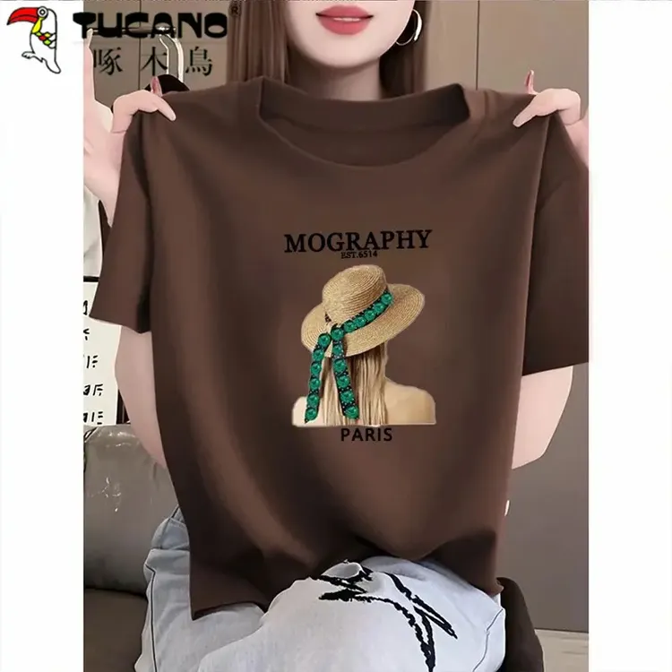 【啄木鸟】100%纯棉咖色短袖T恤女夏新款正肩圆领时尚百搭减龄上衣