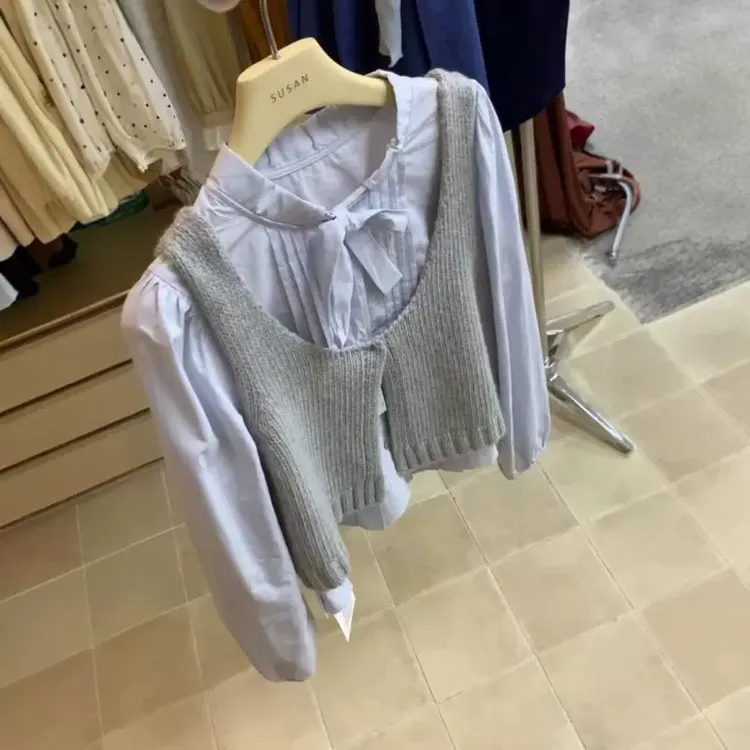 韩系小香风蝴蝶结系带衬衫叠穿针织马甲背心两件套女 ins秋季新款