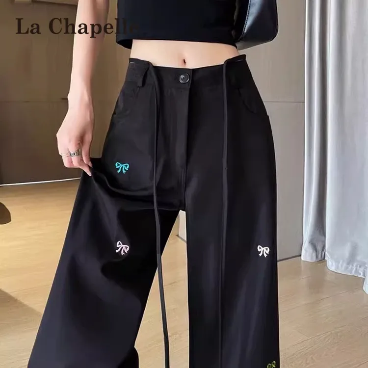 拉夏贝尔蝴蝶结刺绣速干工装裤女夏季薄款垂感宽松拖地休闲阔腿裤