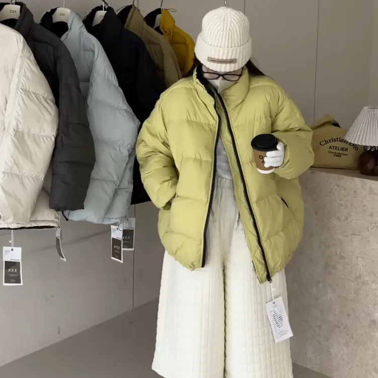 韩版时尚简约休闲撞色新款宽松女立领纯色厚款ins气质羽绒服外套