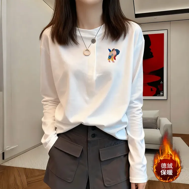 秋冬季爆款高级感宽松休闲上衣女白色德绒打底纽扣正肩长袖T恤女