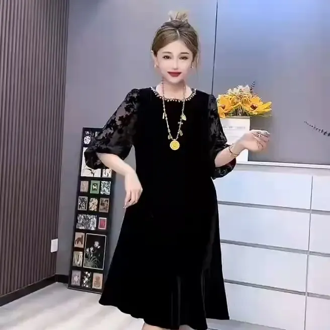 秋季时尚优雅烧花袖美背蝴蝶结减龄显瘦丝绒连衣裙