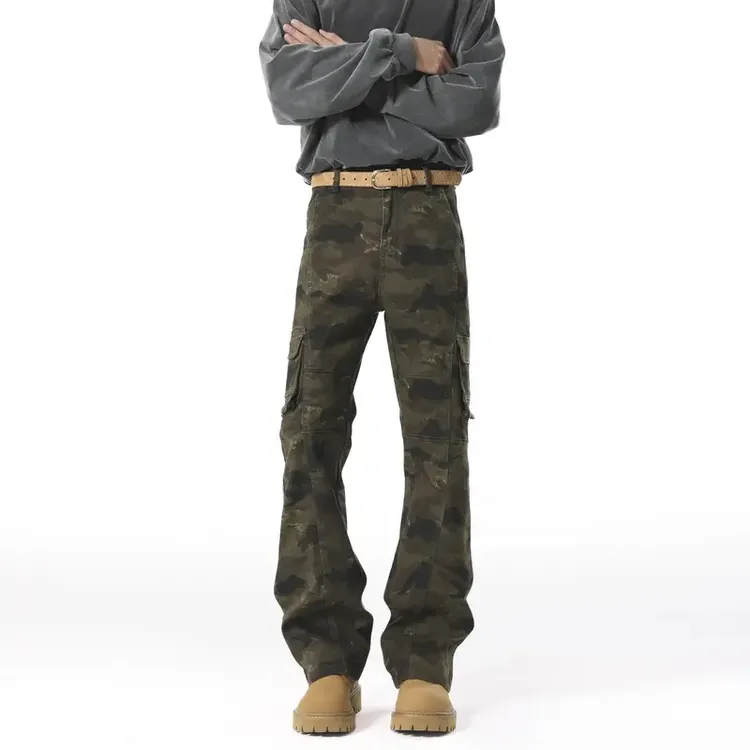 美式bootcut迷彩弯刀牛仔裤男春秋设计感小众多口袋直筒微喇裤子