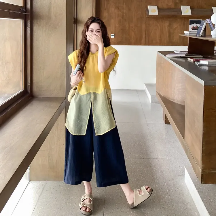 夏日减龄设计感网纱开叉拼接上衣七分阔腿裤两件套女夏季新款套装