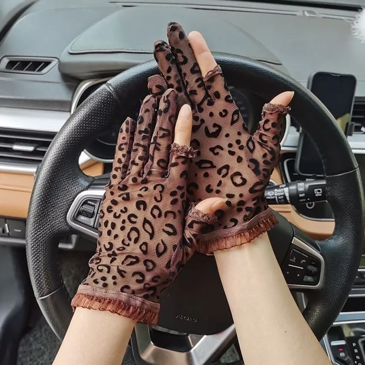 蕾丝防晒手套女春夏露二指薄款透气网纱夏天防紫外线弹力豹纹骑车