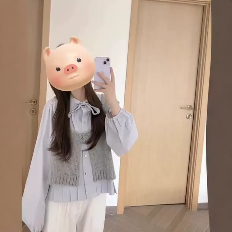 韩系复古绑带蝴蝶结衬衫叠穿针织马甲女秋季甜美温柔风上衣两件套