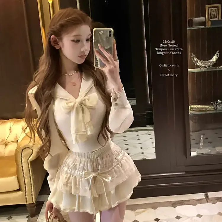 森系衬衫即兴蝴蝶结法式圆舞曲短裙高腰显瘦少女风上衣裙裤蛋糕