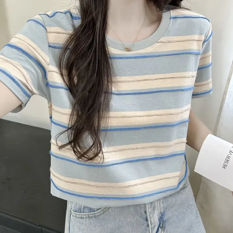 25310夏季韩版宽松小清新减龄撞色条纹圆领短袖T恤百搭条纹t恤女