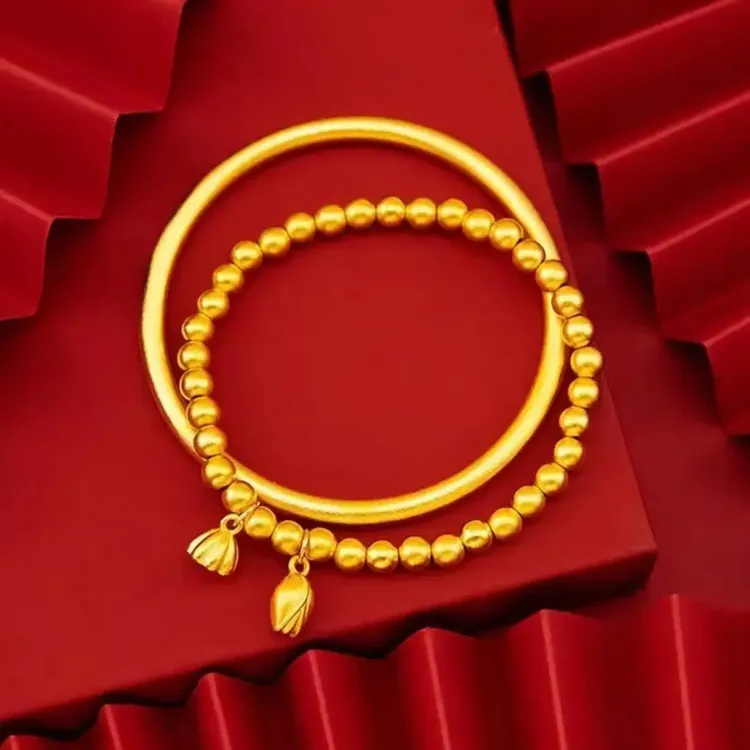 铜合金手镯 【手镯+手链两件套】新中式古法百搭女莲蓬实心手环经典