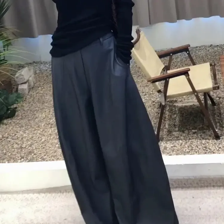 新款百搭阔腿西装裤女褶皱宽松垂感休闲西裤