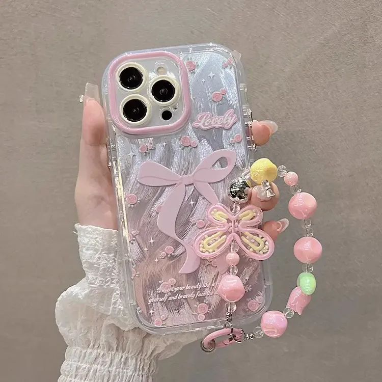 ins小碎花玫瑰粉蝴蝶结适用iphone15pro手机壳奢华网红女款高级感