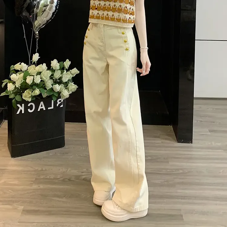 巴曼风牛仔裤女款爆款2025新款秋季薄款金属扣阔腿裤炸街潮款裤子