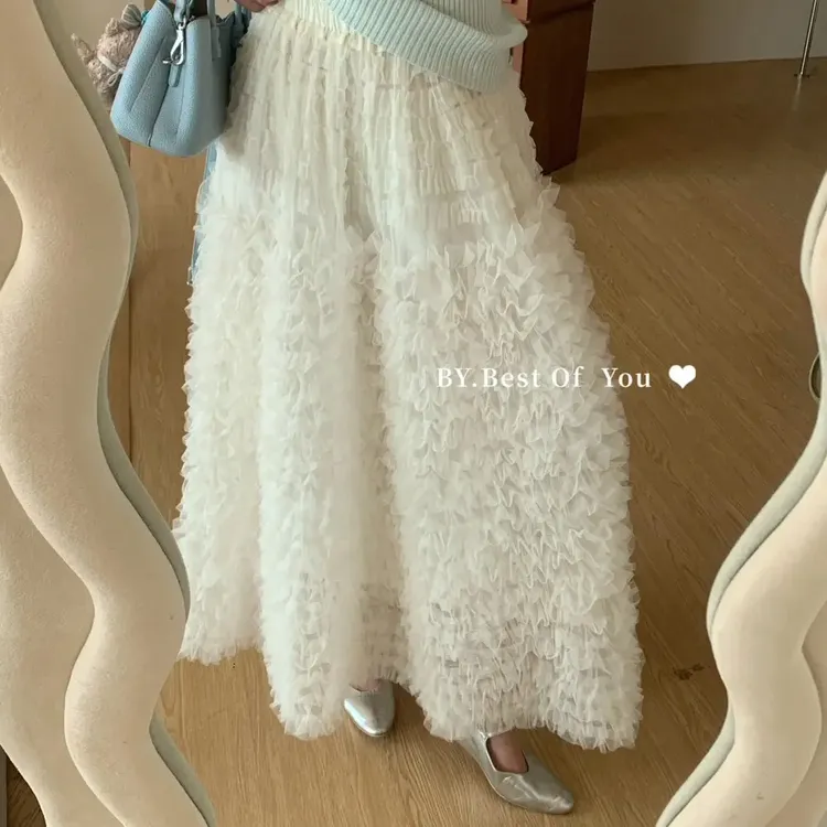 秋冬气质拼接网纱高腰显瘦蛋糕裙女半身长裙
