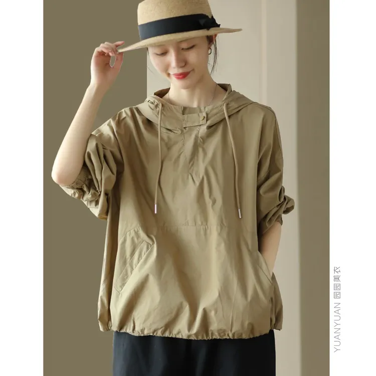 秋季复古休闲连帽卫衣女士新款宽松抽绳摆外套时尚显瘦套头上衣